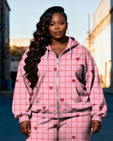 Women's Plus Size Pink Love Check Print Cardigan Hoodie Set